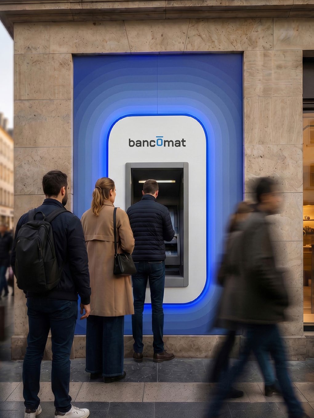 People standing in front of a BANCOMAT ATM